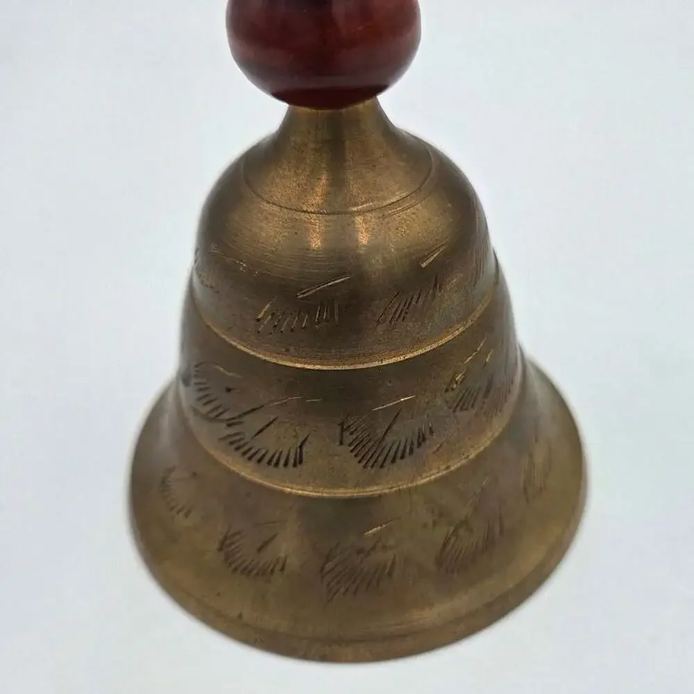Vintage Handcrafted Brass Bell With Wooden Handle Etched India